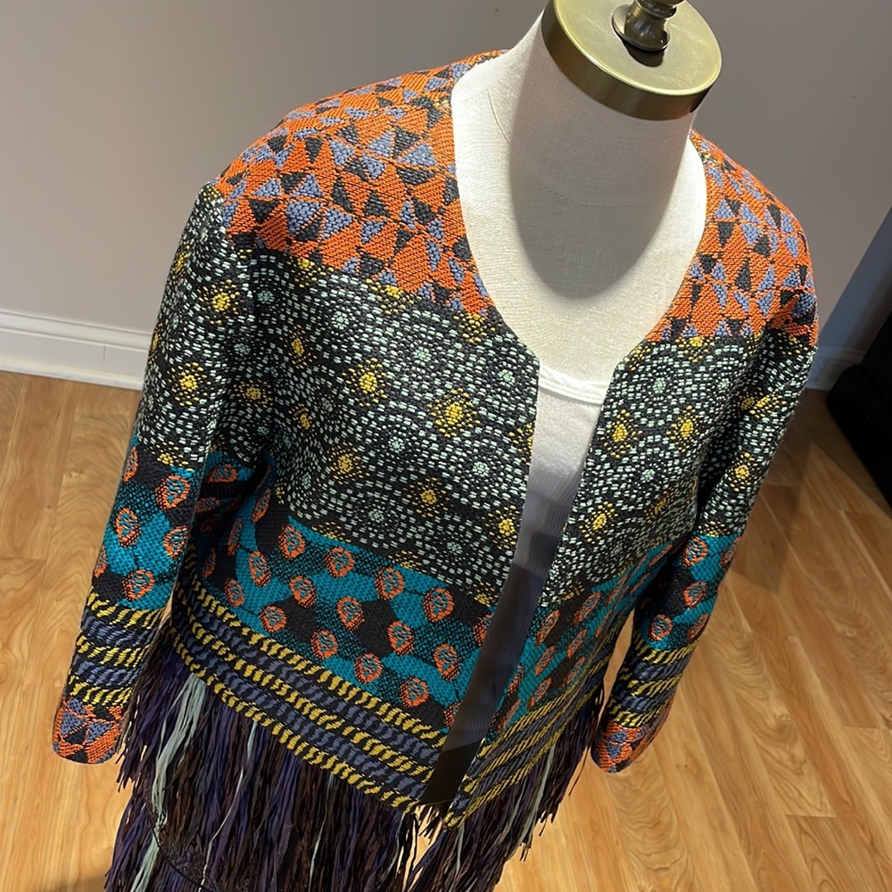 Oui, Odile! Mixed print mixed media fringe jacket blazer size L - Picture 2 of 12